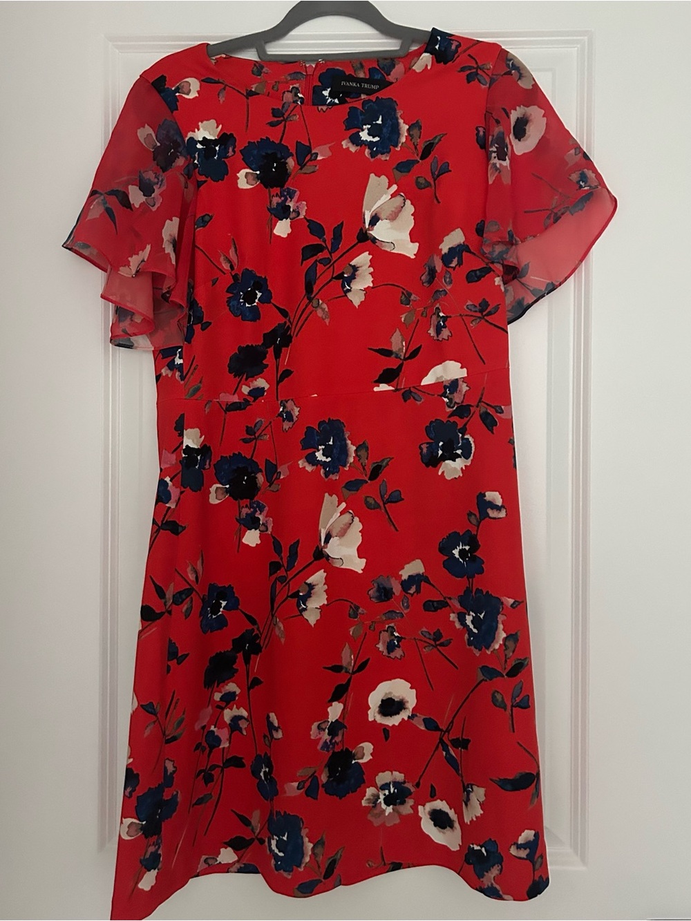 Ivanka Trump Red Floral A-Line Dress with Flutter Sleeves